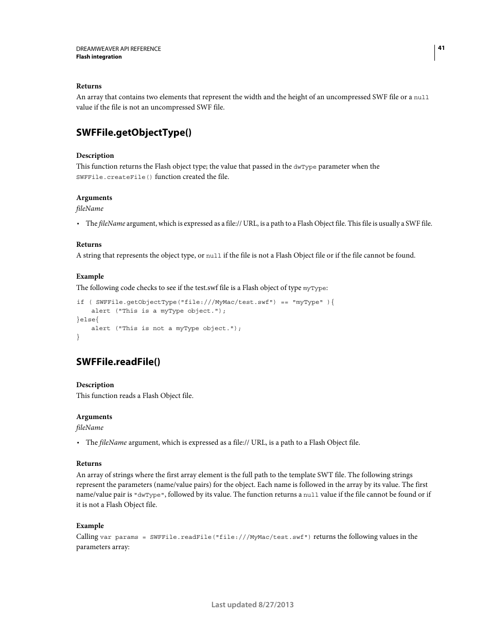 Swffile.getobjecttype(), Swffile.readfile() | Adobe Dreamweaver API Reference CS5 User Manual | Page 46 / 533