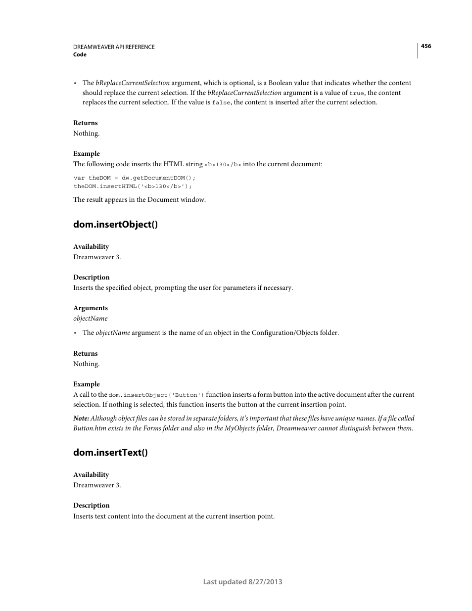 Dom.insertobject(), Dom.inserttext() | Adobe Dreamweaver API Reference CS5 User Manual | Page 461 / 533