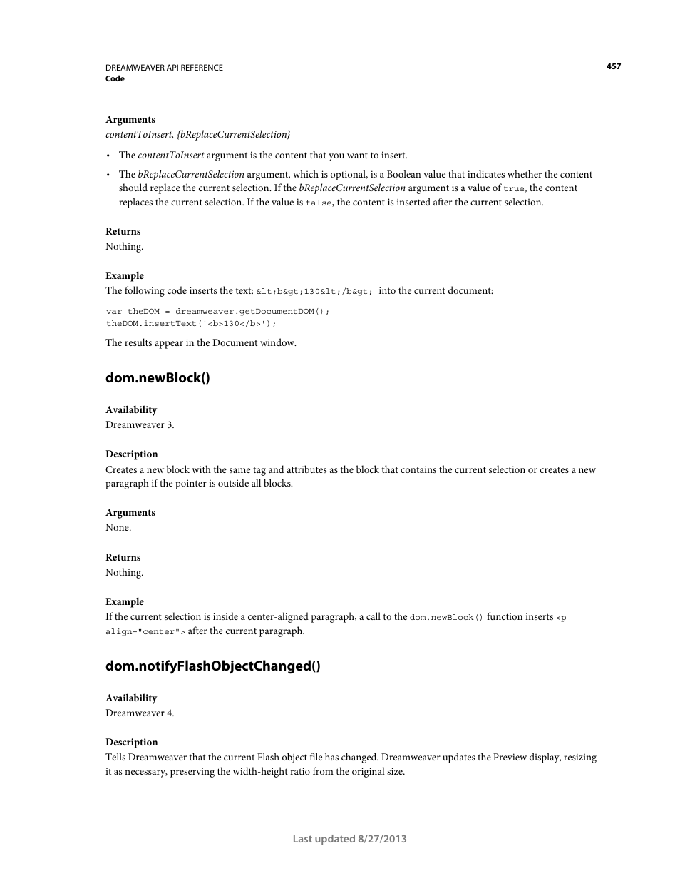 Dom.newblock(), Dom.notifyflashobjectchanged() | Adobe Dreamweaver API Reference CS5 User Manual | Page 462 / 533