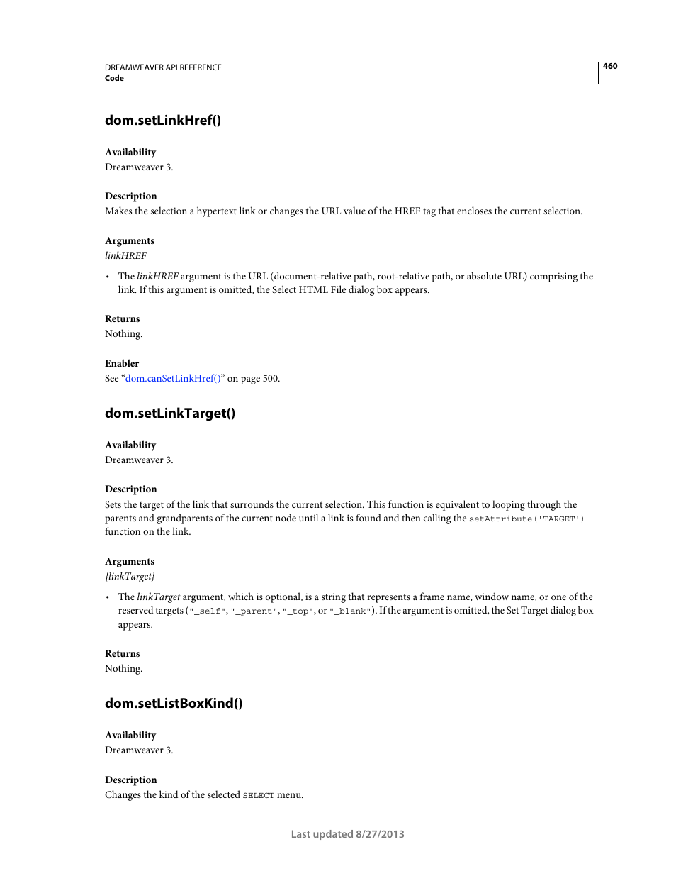 Dom.setlinkhref(), Dom.setlinktarget(), Dom.setlistboxkind() | Adobe Dreamweaver API Reference CS5 User Manual | Page 465 / 533