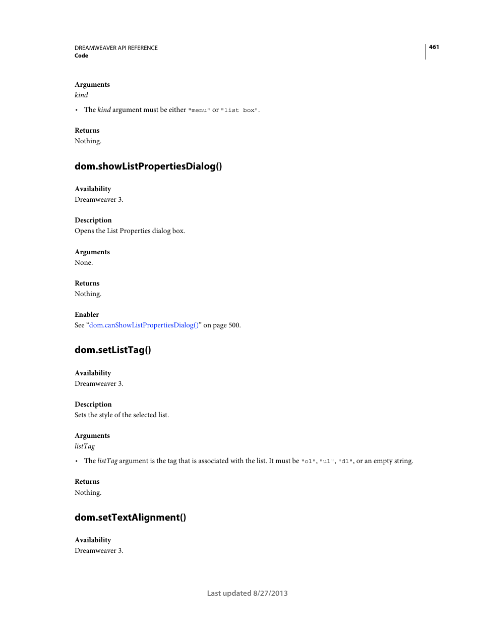 Dom.showlistpropertiesdialog(), Dom.setlisttag(), Dom.settextalignment() | Adobe Dreamweaver API Reference CS5 User Manual | Page 466 / 533