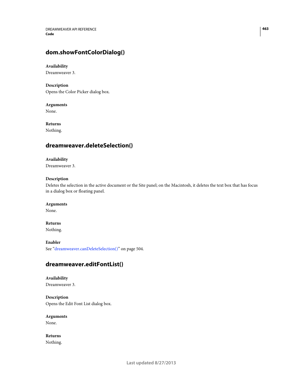 Dom.showfontcolordialog(), Dreamweaver.deleteselection(), Dreamweaver.editfontlist() | Adobe Dreamweaver API Reference CS5 User Manual | Page 468 / 533