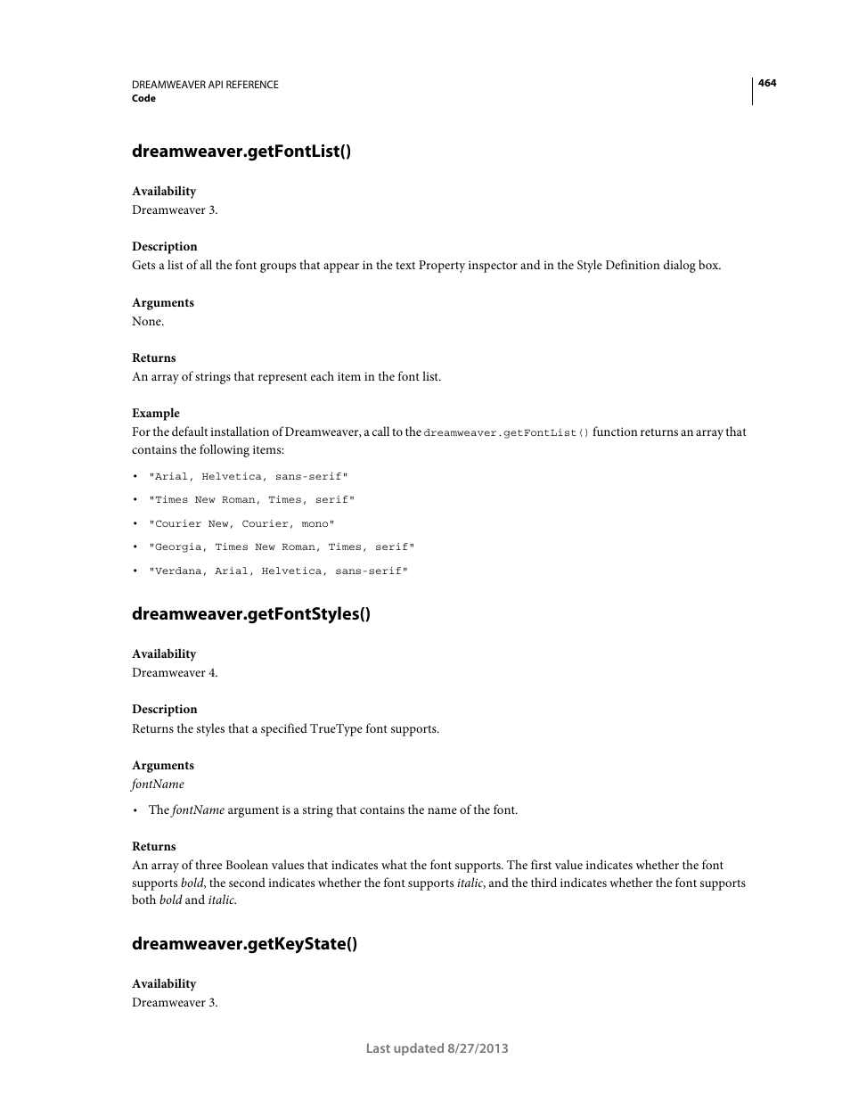Dreamweaver.getfontlist(), Dreamweaver.getfontstyles(), Dreamweaver.getkeystate() | Adobe Dreamweaver API Reference CS5 User Manual | Page 469 / 533