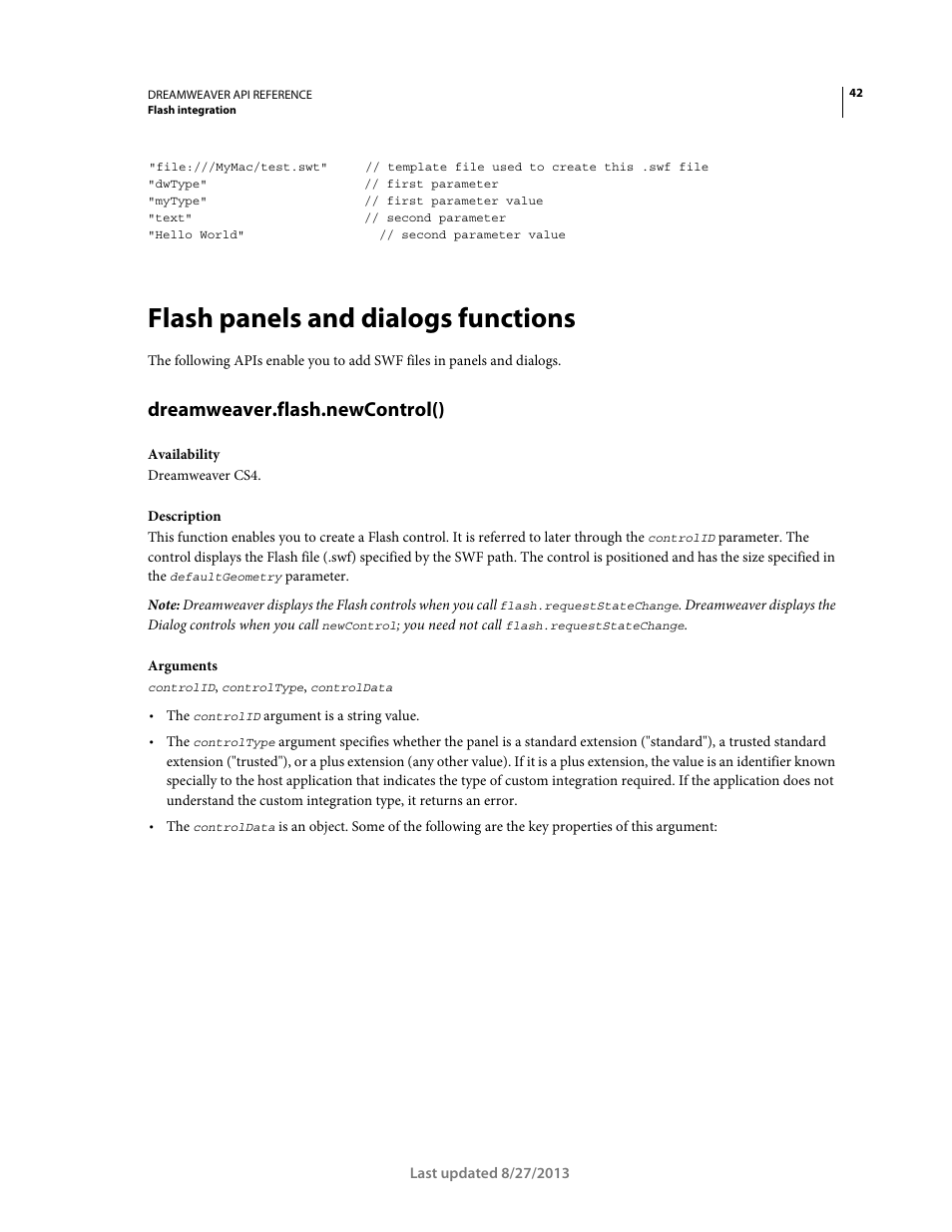 Flash panels and dialogs functions, Dreamweaver.flash.newcontrol() | Adobe Dreamweaver API Reference CS5 User Manual | Page 47 / 533