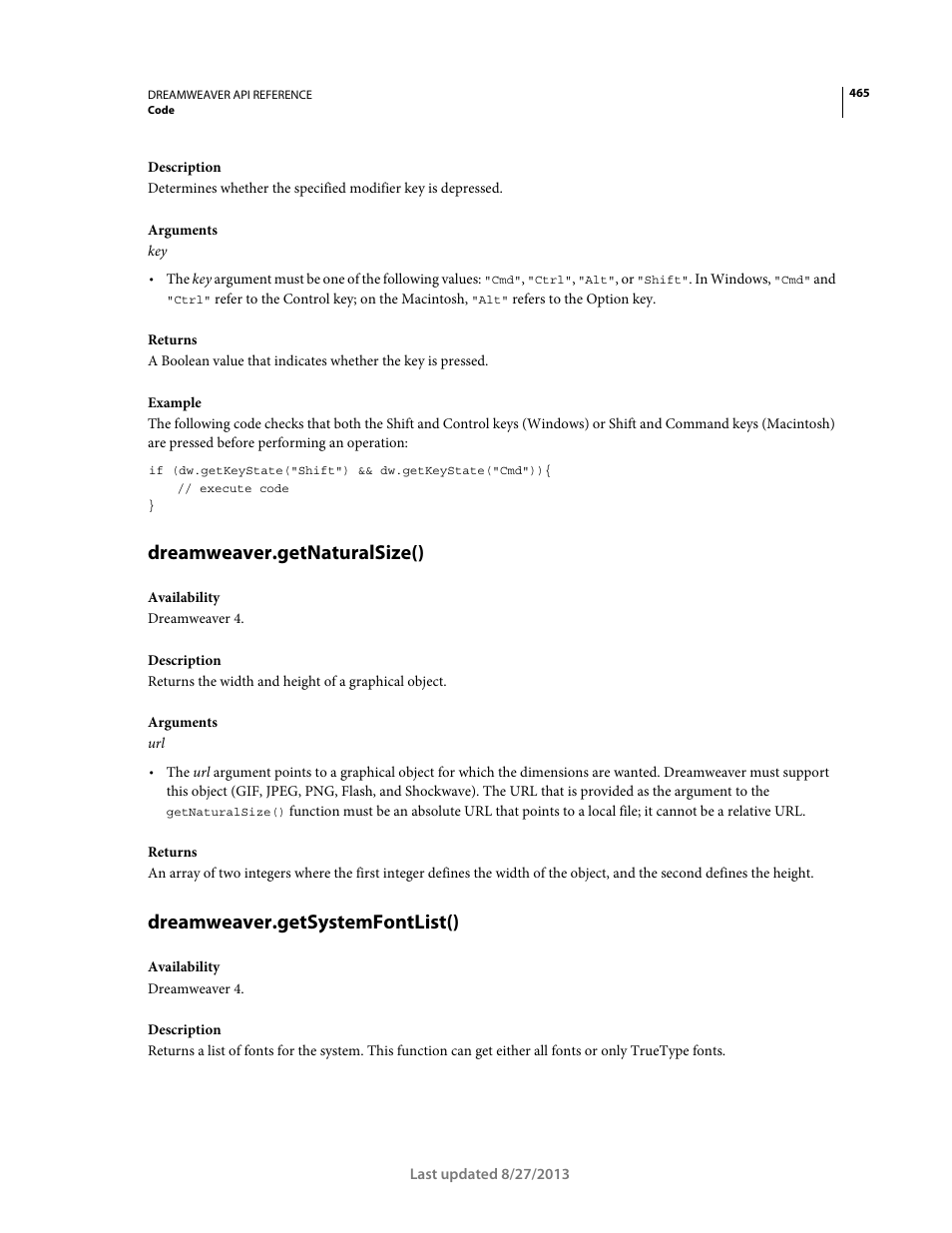 Dreamweaver.getnaturalsize(), Dreamweaver.getsystemfontlist() | Adobe Dreamweaver API Reference CS5 User Manual | Page 470 / 533