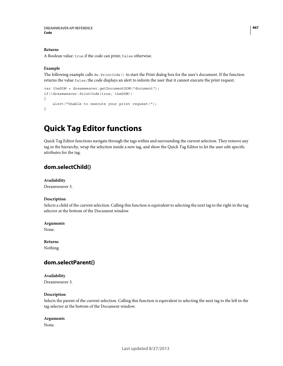 Quick tag editor functions, Dom.selectchild(), Dom.selectparent() | Adobe Dreamweaver API Reference CS5 User Manual | Page 472 / 533