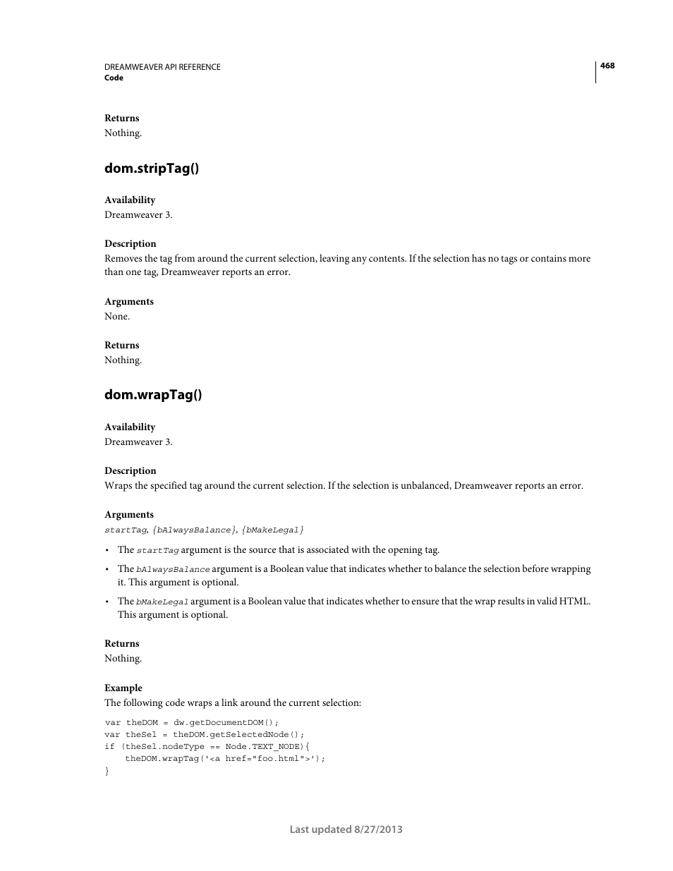 Dom.striptag(), Dom.wraptag() | Adobe Dreamweaver API Reference CS5 User Manual | Page 473 / 533