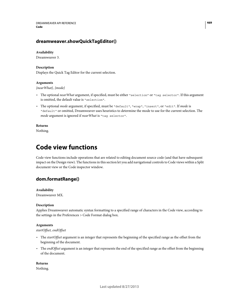 Dreamweaver.showquicktageditor(), Code view functions, Dom.formatrange() | Adobe Dreamweaver API Reference CS5 User Manual | Page 474 / 533