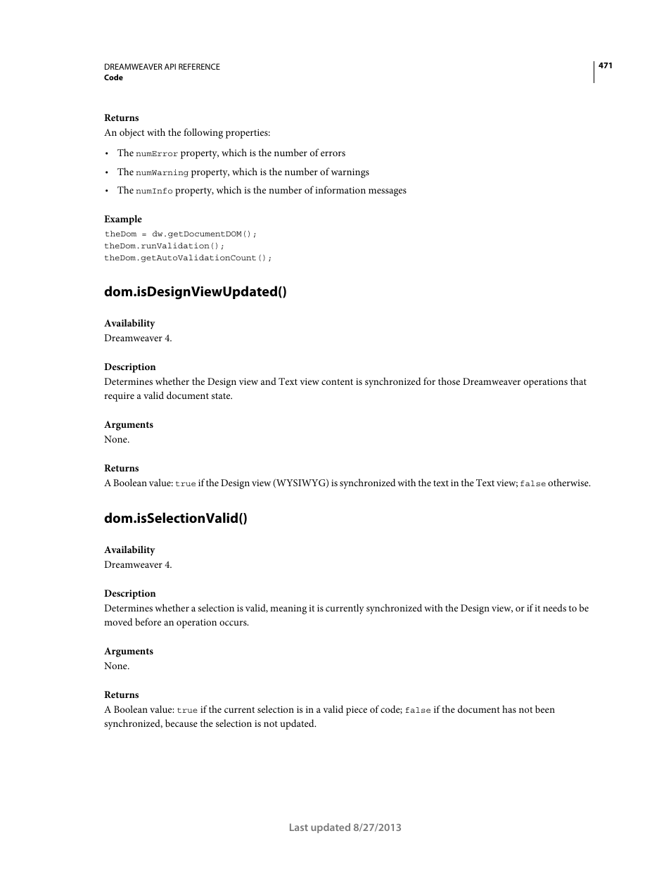 Dom.isdesignviewupdated(), Dom.isselectionvalid() | Adobe Dreamweaver API Reference CS5 User Manual | Page 476 / 533