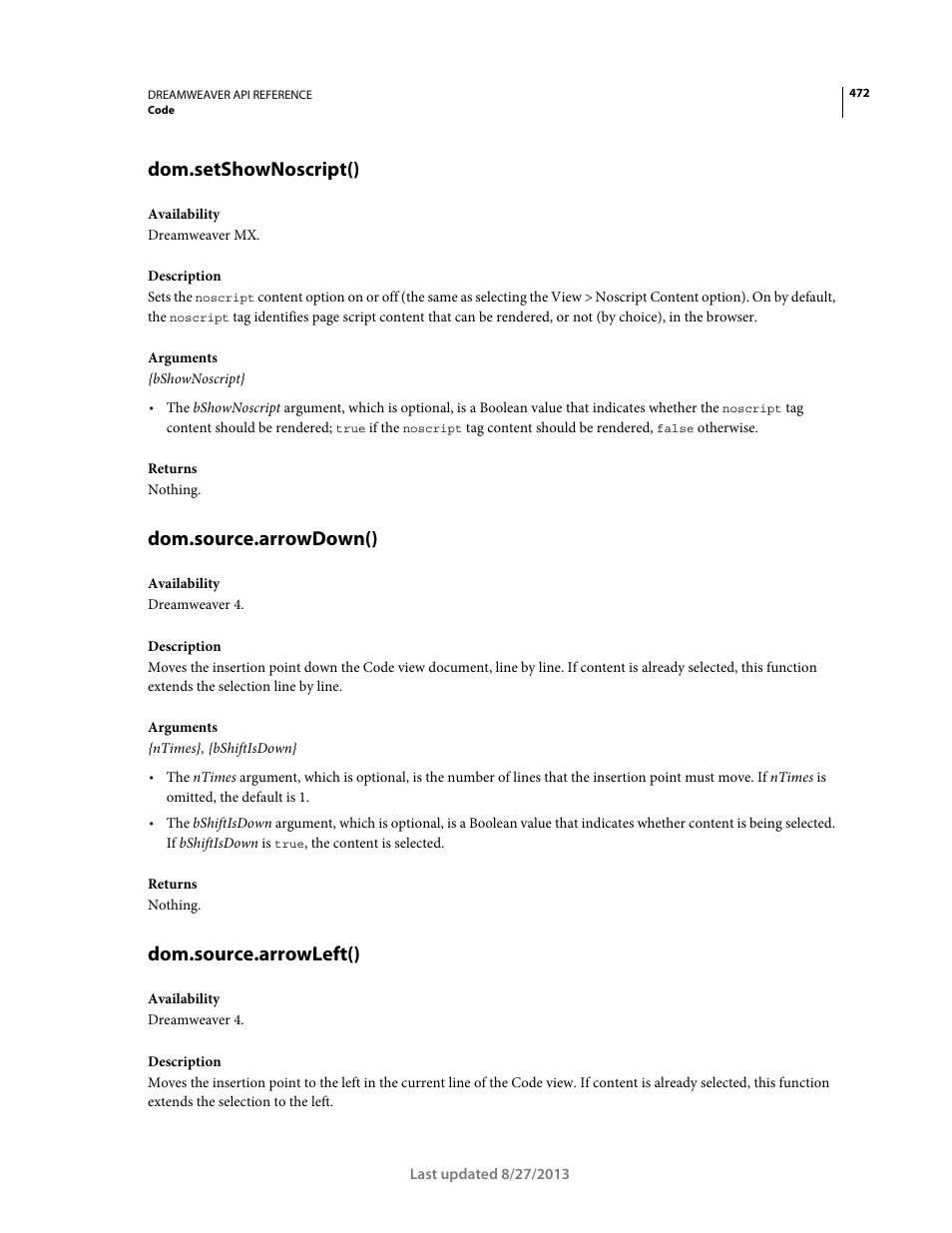 Dom.setshownoscript(), Dom.source.arrowdown(), Dom.source.arrowleft() | Adobe Dreamweaver API Reference CS5 User Manual | Page 477 / 533