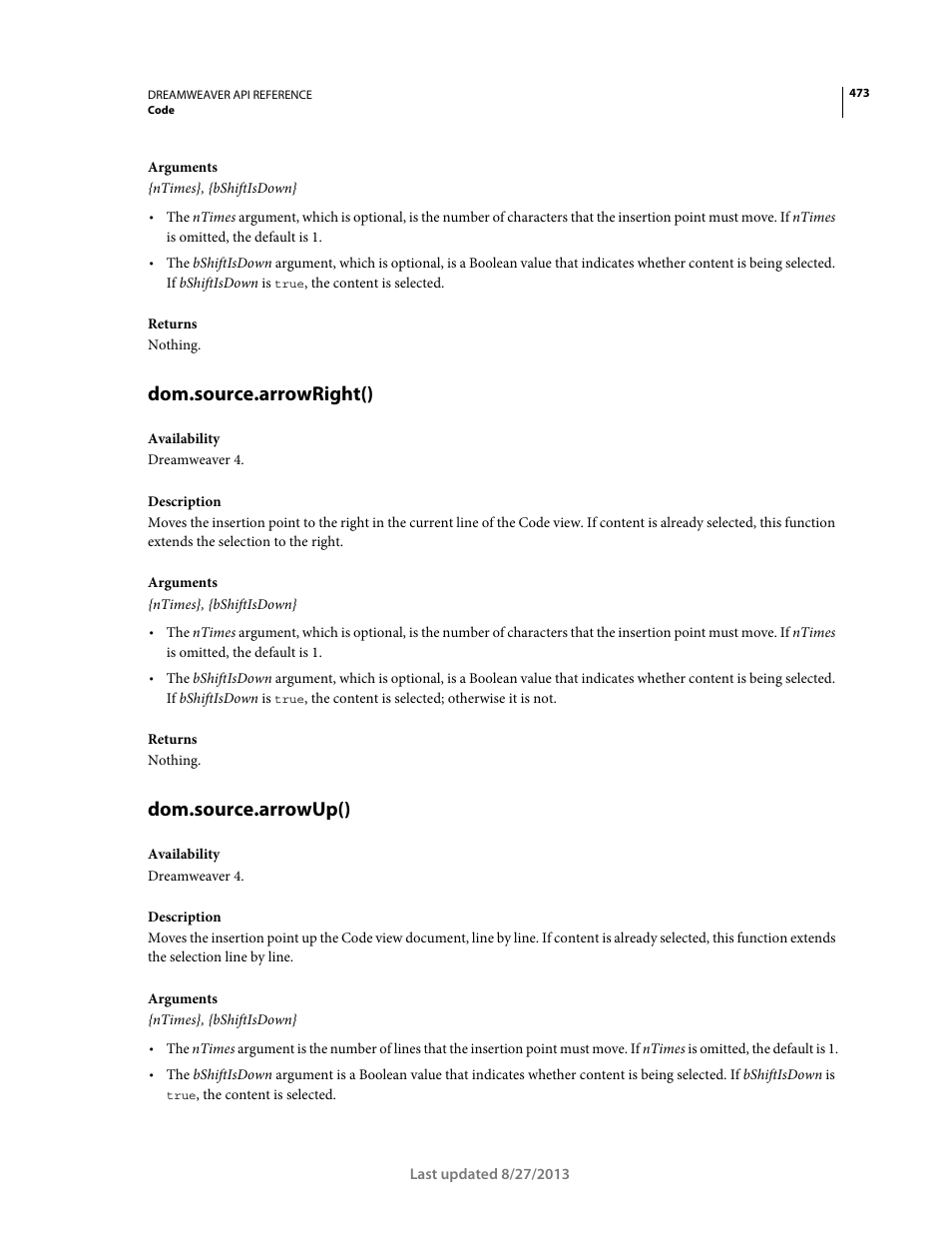 Dom.source.arrowright(), Dom.source.arrowup() | Adobe Dreamweaver API Reference CS5 User Manual | Page 478 / 533