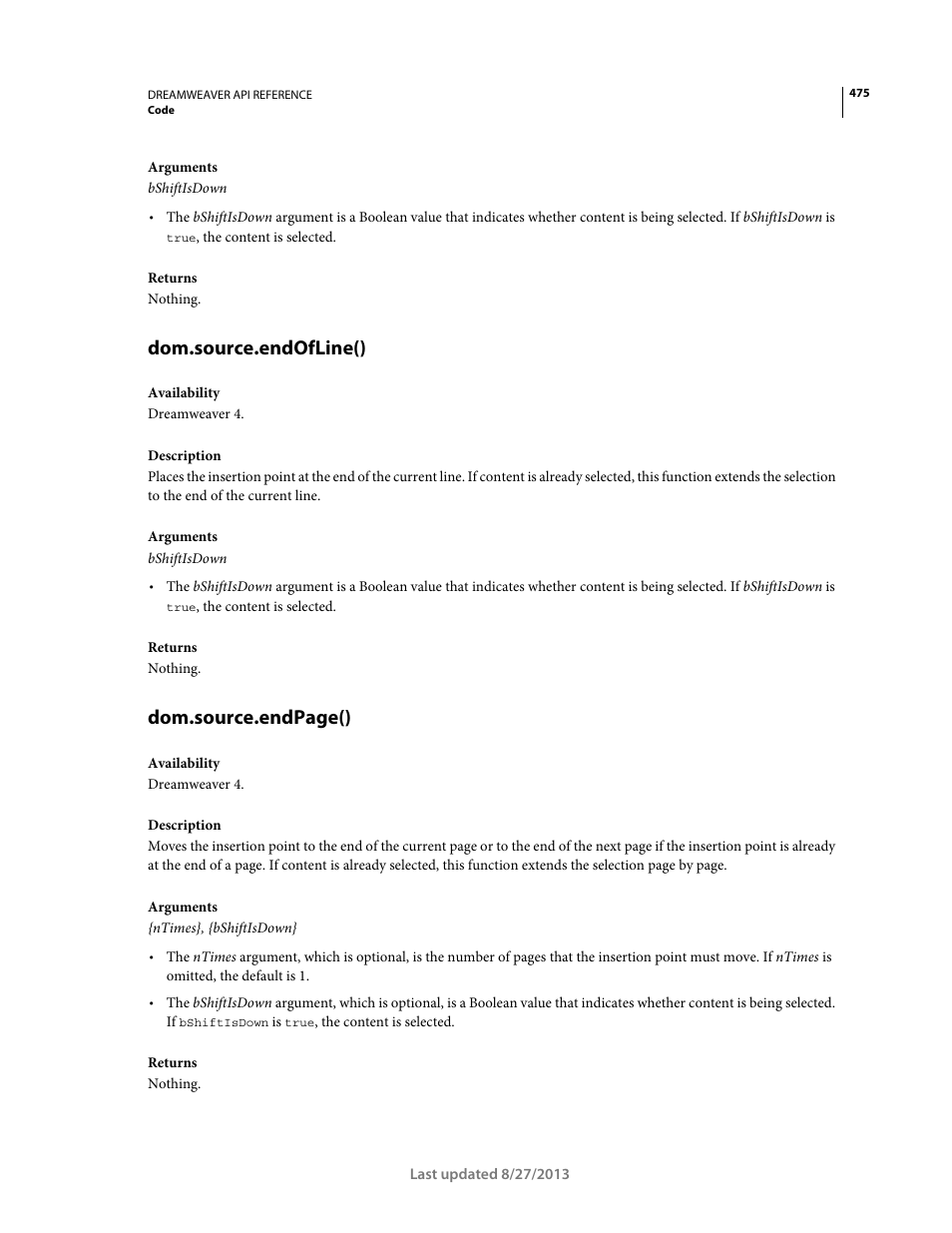 Dom.source.endofline(), Dom.source.endpage() | Adobe Dreamweaver API Reference CS5 User Manual | Page 480 / 533