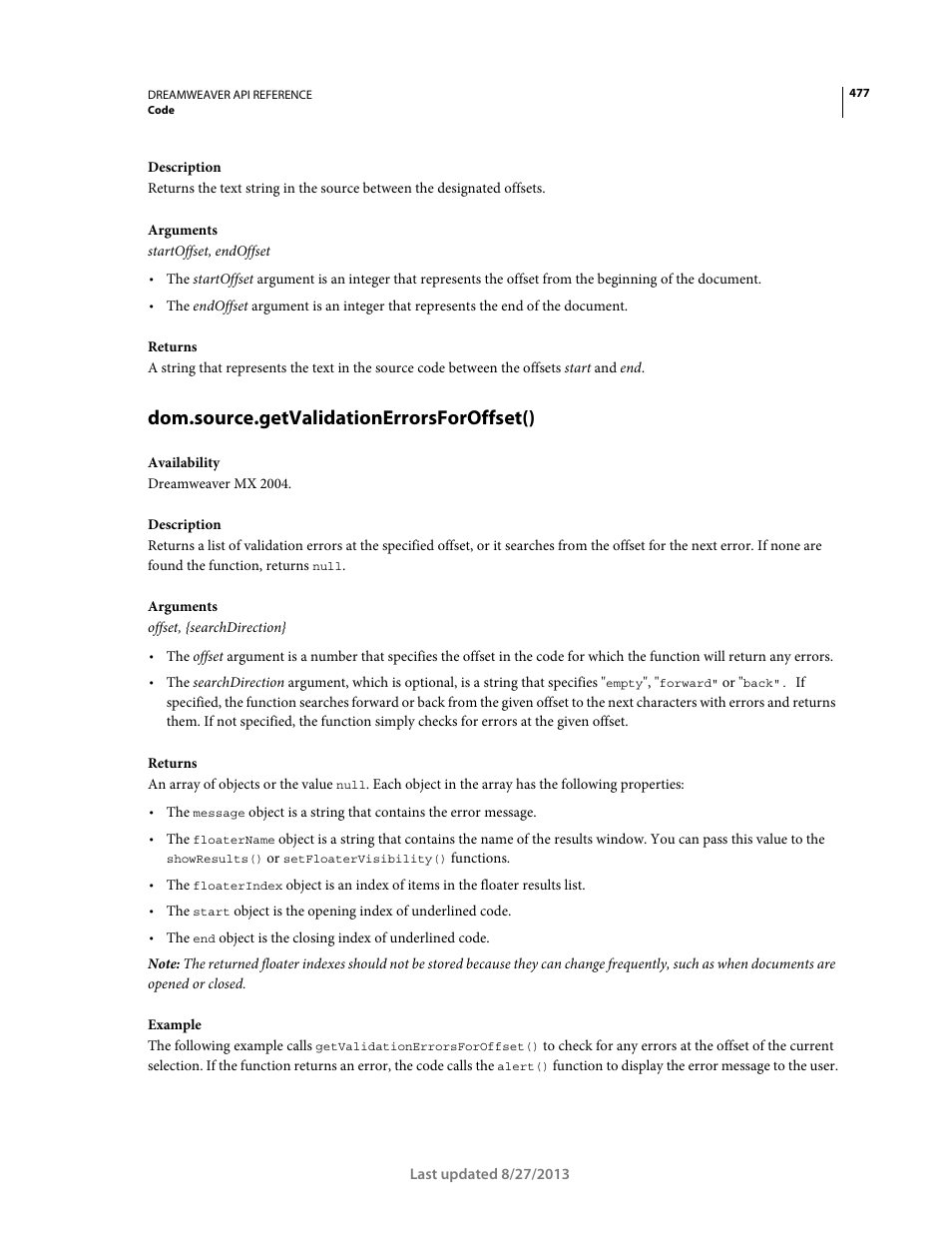 Dom.source.getvalidationerrorsforoffset() | Adobe Dreamweaver API Reference CS5 User Manual | Page 482 / 533