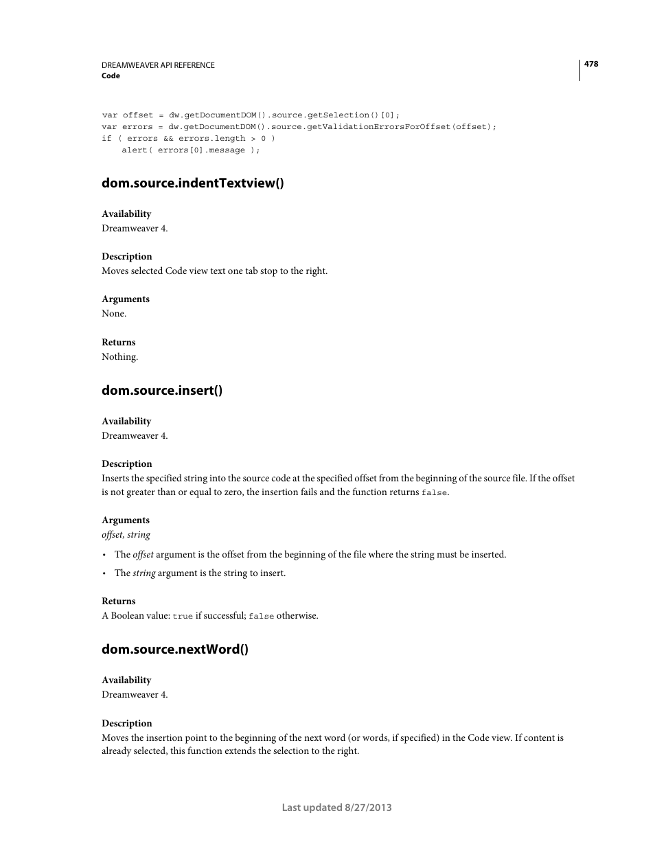 Dom.source.indenttextview(), Dom.source.insert(), Dom.source.nextword() | Adobe Dreamweaver API Reference CS5 User Manual | Page 483 / 533