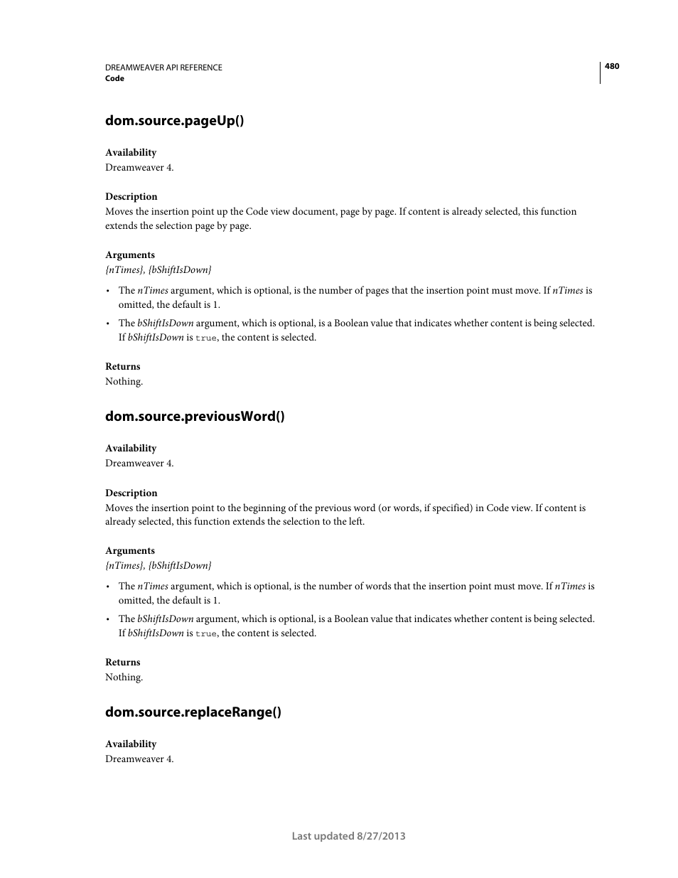 Dom.source.previousword(), Dom.source.replacerange(), Dom.source.pageup() | Adobe Dreamweaver API Reference CS5 User Manual | Page 485 / 533