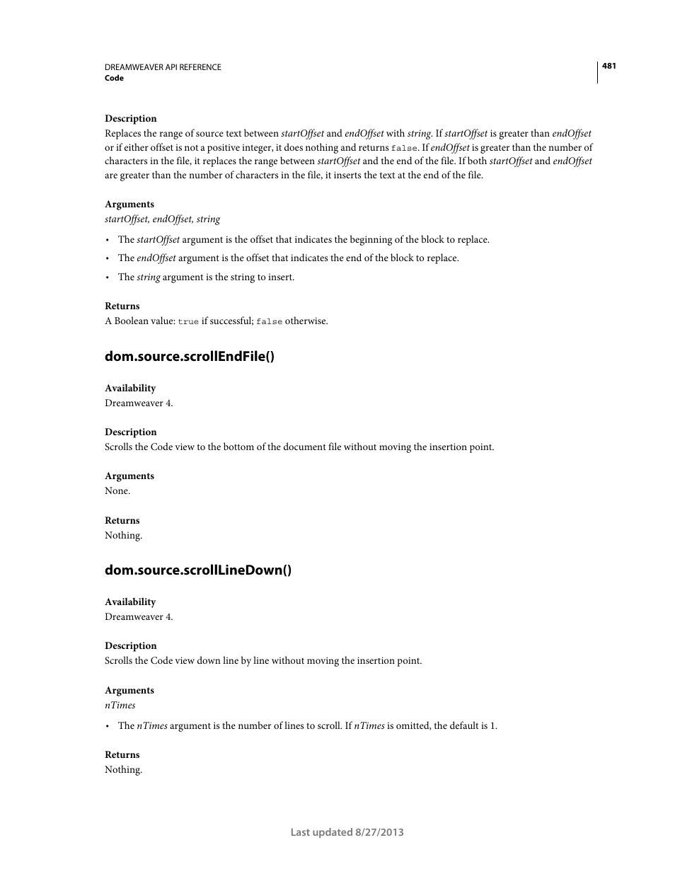 Dom.source.scrollendfile(), Dom.source.scrolllinedown() | Adobe Dreamweaver API Reference CS5 User Manual | Page 486 / 533