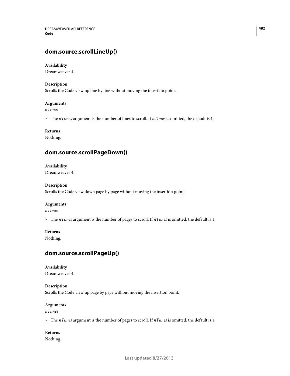 Dom.source.scrolllineup(), Dom.source.scrollpagedown(), Dom.source.scrollpageup() | Adobe Dreamweaver API Reference CS5 User Manual | Page 487 / 533