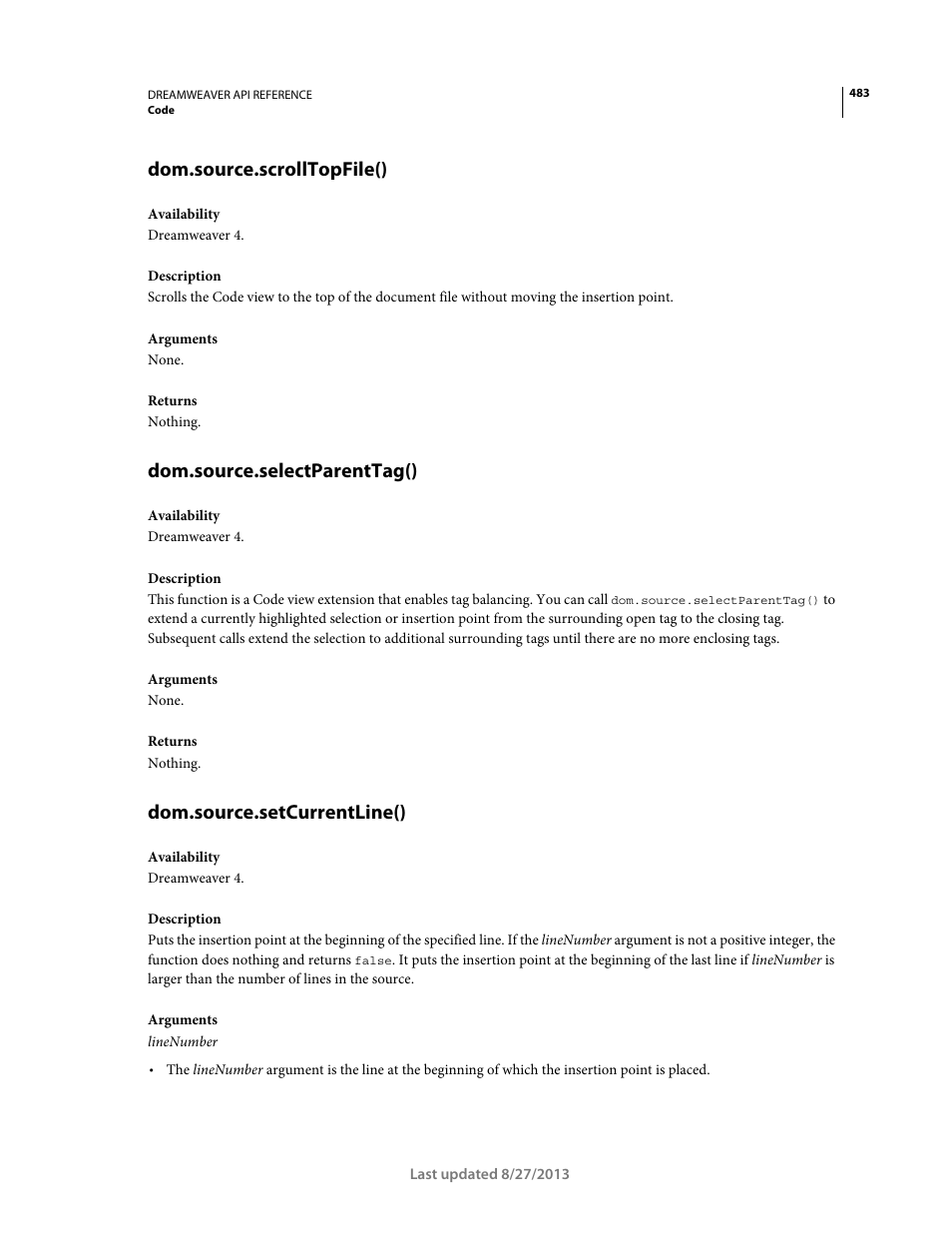 Dom.source.scrolltopfile(), Dom.source.selectparenttag(), Dom.source.setcurrentline() | Adobe Dreamweaver API Reference CS5 User Manual | Page 488 / 533