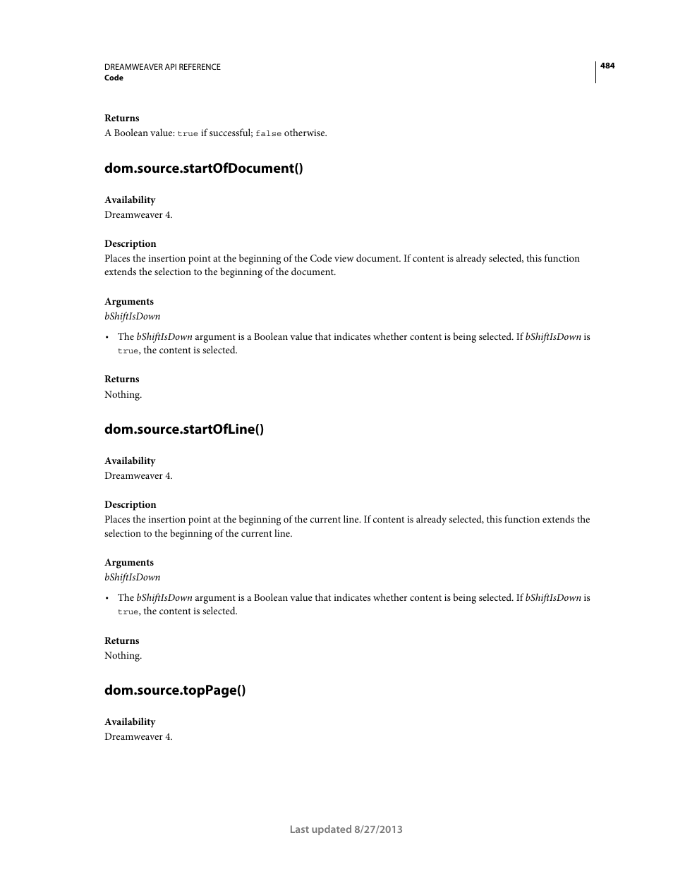 Dom.source.startofdocument(), Dom.source.startofline(), Dom.source.toppage() | Adobe Dreamweaver API Reference CS5 User Manual | Page 489 / 533