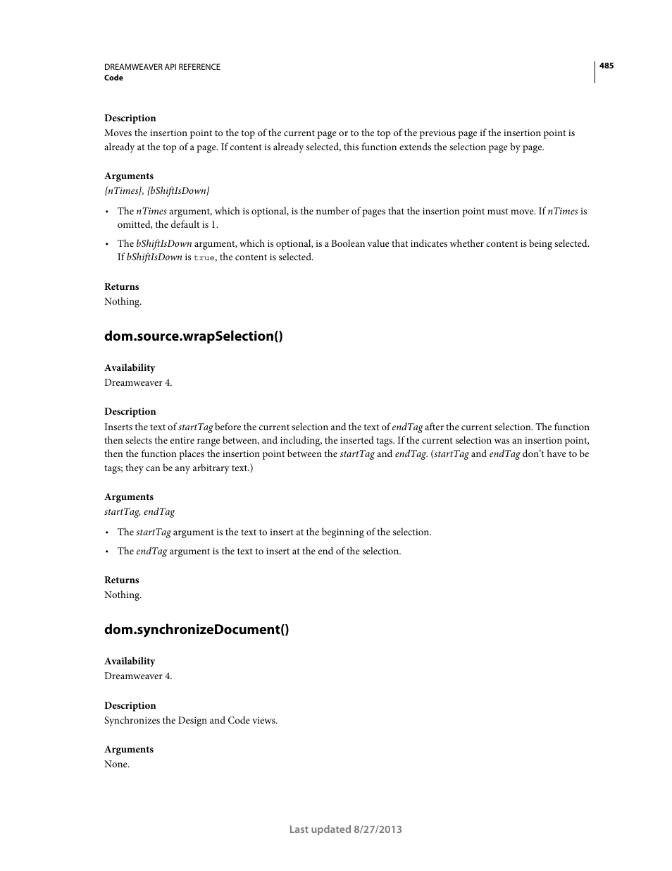 Dom.source.wrapselection(), Dom.synchronizedocument() | Adobe Dreamweaver API Reference CS5 User Manual | Page 490 / 533