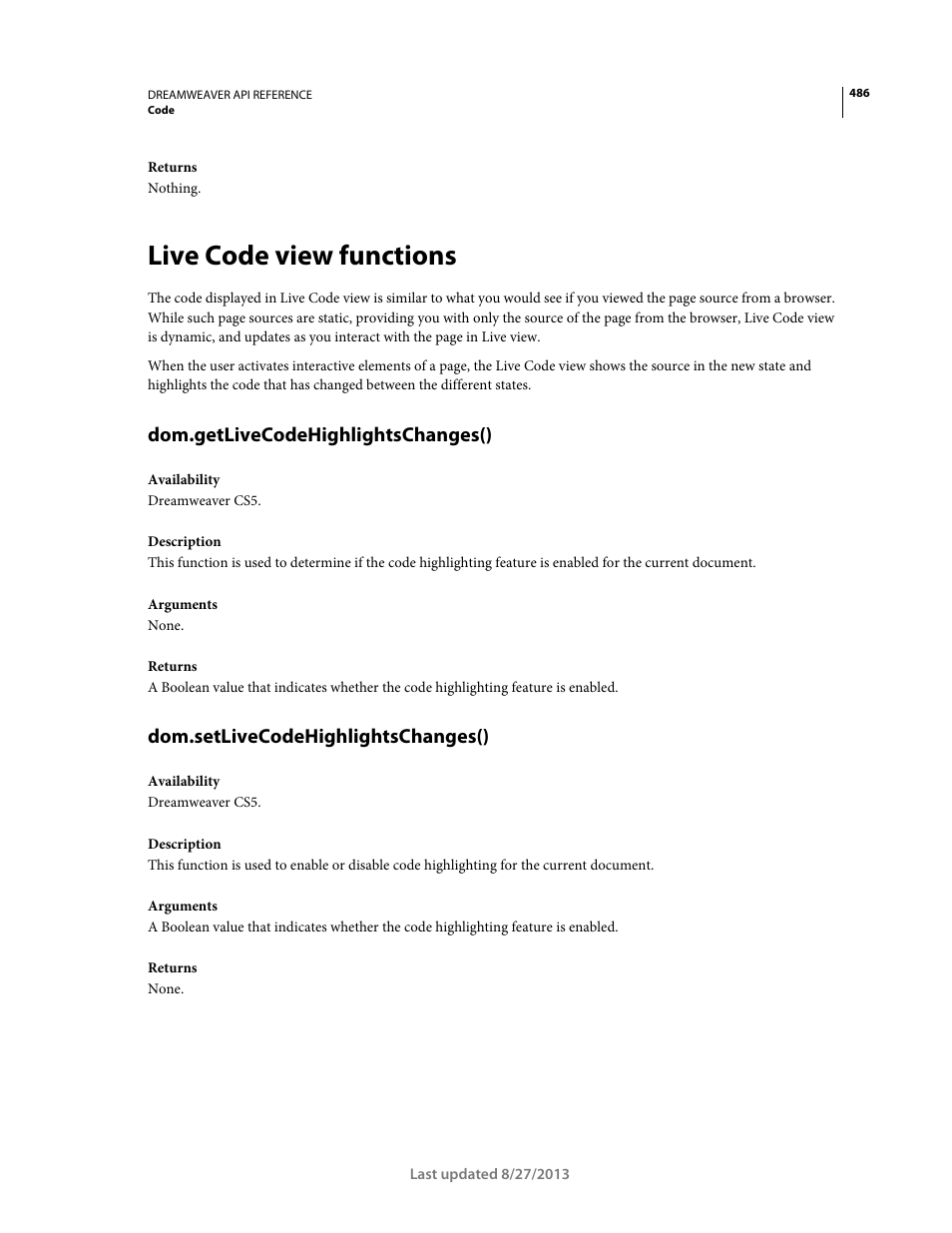 Live code view functions, Dom.getlivecodehighlightschanges(), Dom.setlivecodehighlightschanges() | Adobe Dreamweaver API Reference CS5 User Manual | Page 491 / 533