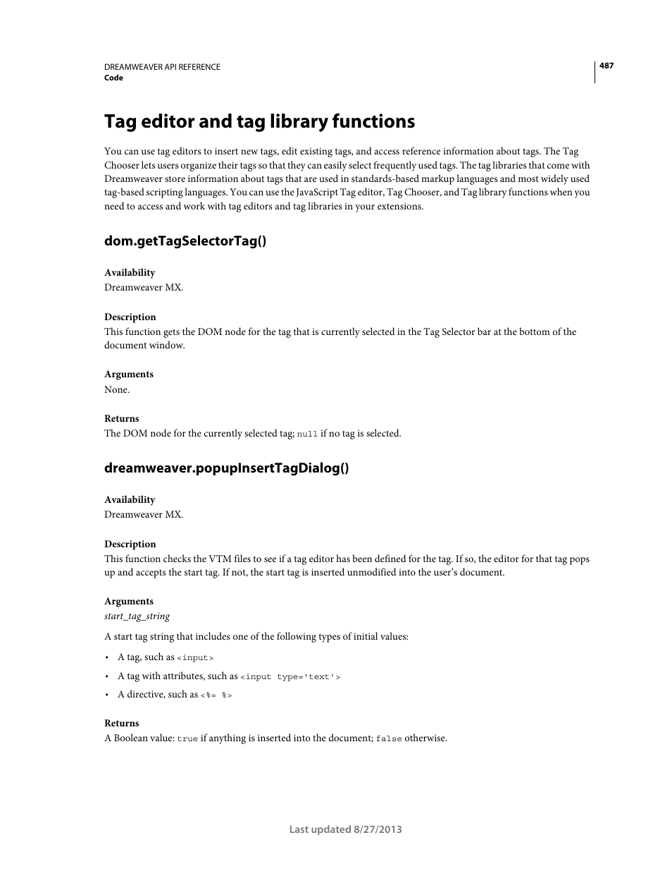 Tag editor and tag library functions, Dom.gettagselectortag(), Dreamweaver.popupinserttagdialog() | Adobe Dreamweaver API Reference CS5 User Manual | Page 492 / 533