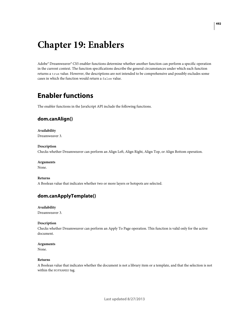 Chapter 19: enablers, Enabler functions, Dom.canalign() | Dom.canapplytemplate() | Adobe Dreamweaver API Reference CS5 User Manual | Page 497 / 533