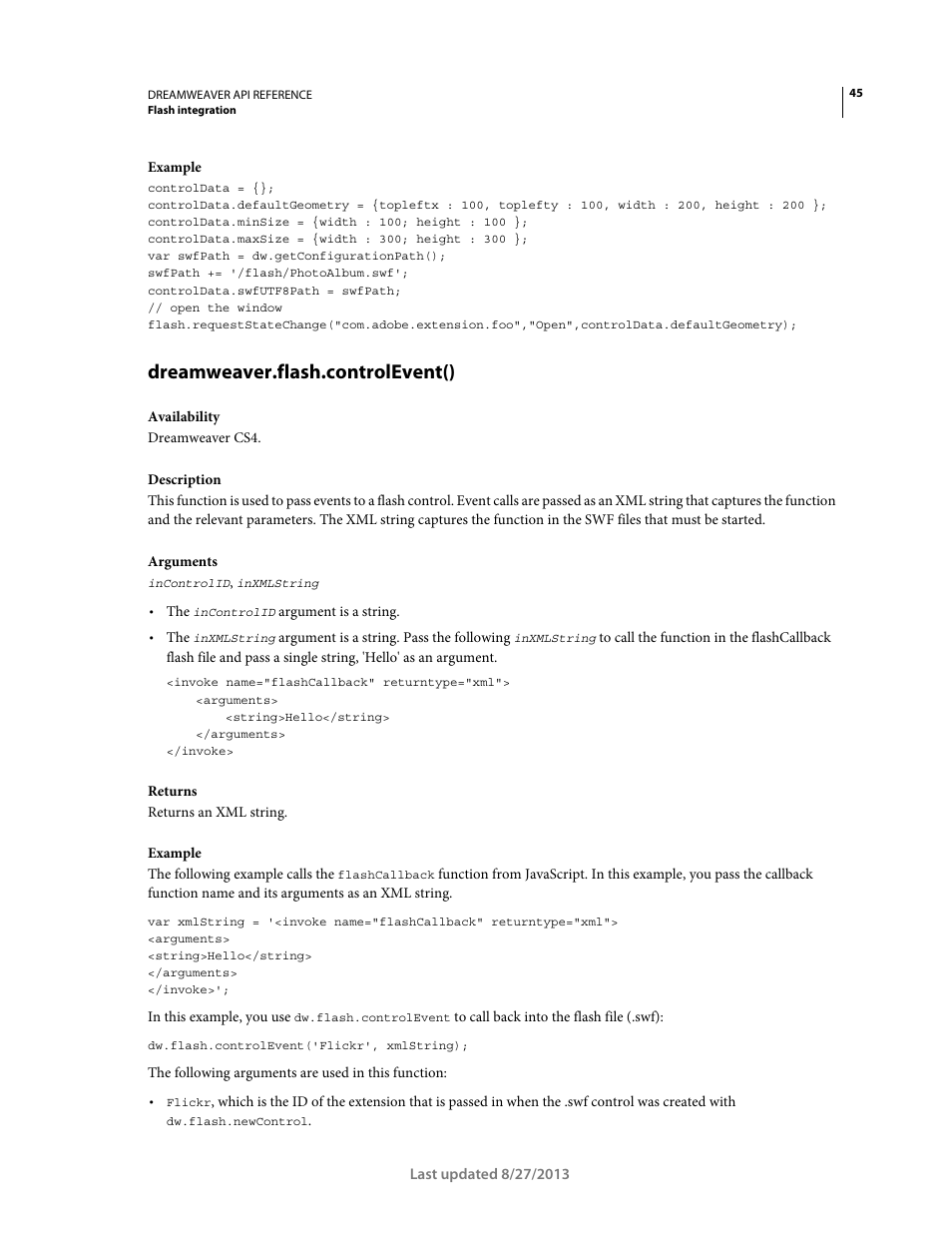 Dreamweaver.flash.controlevent() | Adobe Dreamweaver API Reference CS5 User Manual | Page 50 / 533