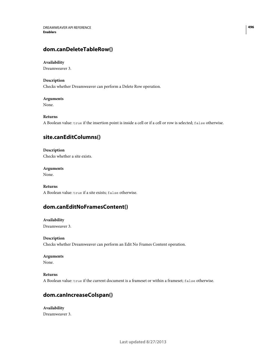 Dom.candeletetablerow(), Site.caneditcolumns(), Dom.caneditnoframescontent() | Dom.canincreasecolspan() | Adobe Dreamweaver API Reference CS5 User Manual | Page 501 / 533