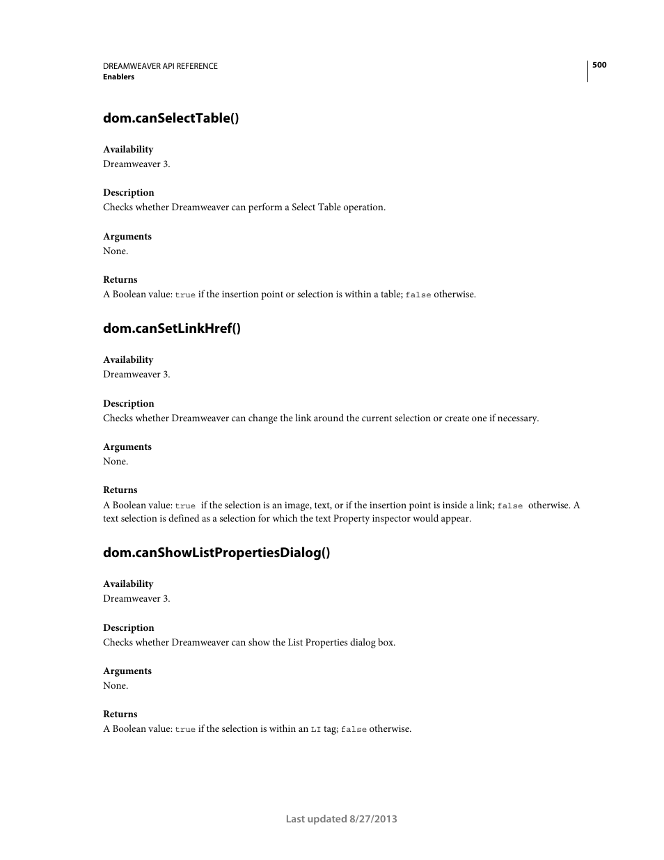 Dom.canselecttable(), Dom.cansetlinkhref(), Dom.canshowlistpropertiesdialog() | Adobe Dreamweaver API Reference CS5 User Manual | Page 505 / 533