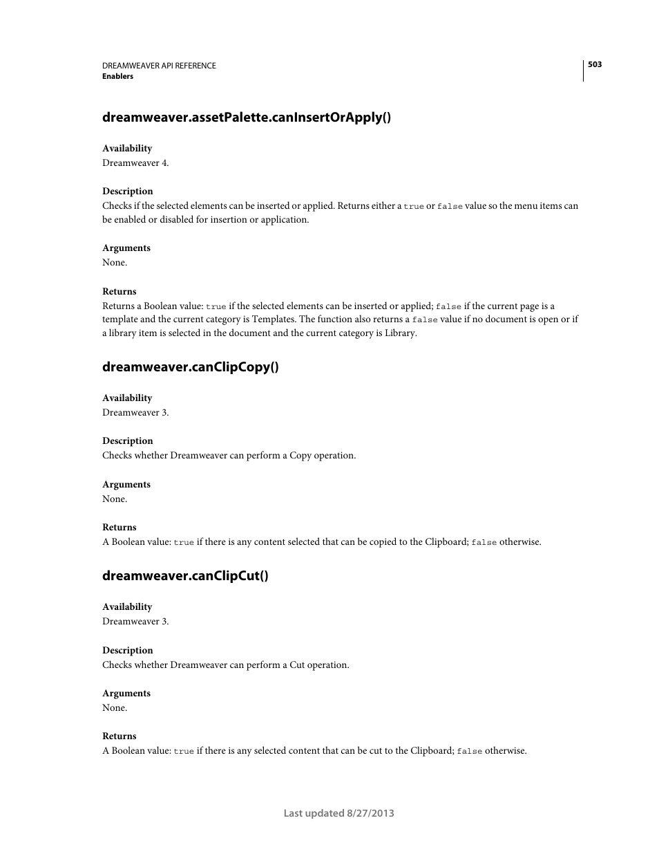 Dreamweaver.assetpalette.caninsertorapply(), Dreamweaver.canclipcopy(), Dreamweaver.canclipcut() | Adobe Dreamweaver API Reference CS5 User Manual | Page 508 / 533