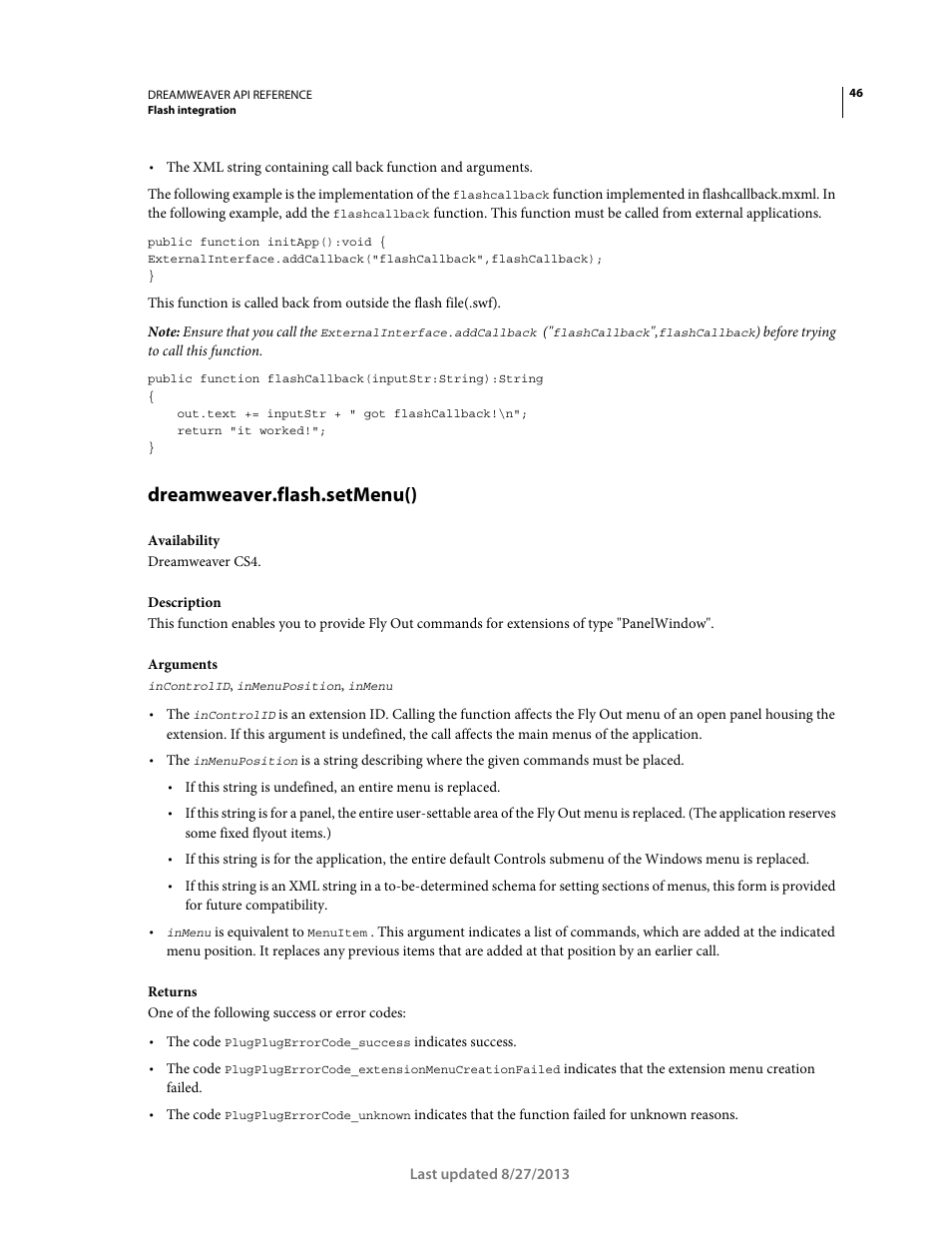 Dreamweaver.flash.setmenu() | Adobe Dreamweaver API Reference CS5 User Manual | Page 51 / 533