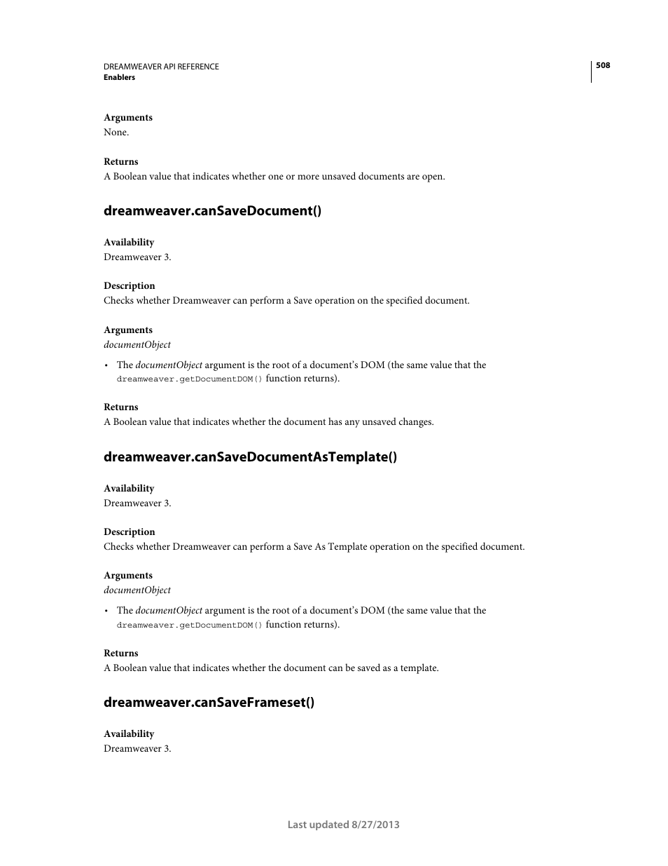 Dreamweaver.cansavedocument(), Dreamweaver.cansavedocumentastemplate(), Dreamweaver.cansaveframeset() | Adobe Dreamweaver API Reference CS5 User Manual | Page 513 / 533