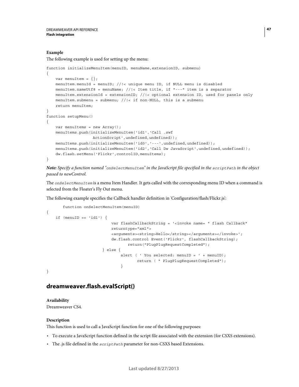 Dreamweaver.flash.evalscript() | Adobe Dreamweaver API Reference CS5 User Manual | Page 52 / 533