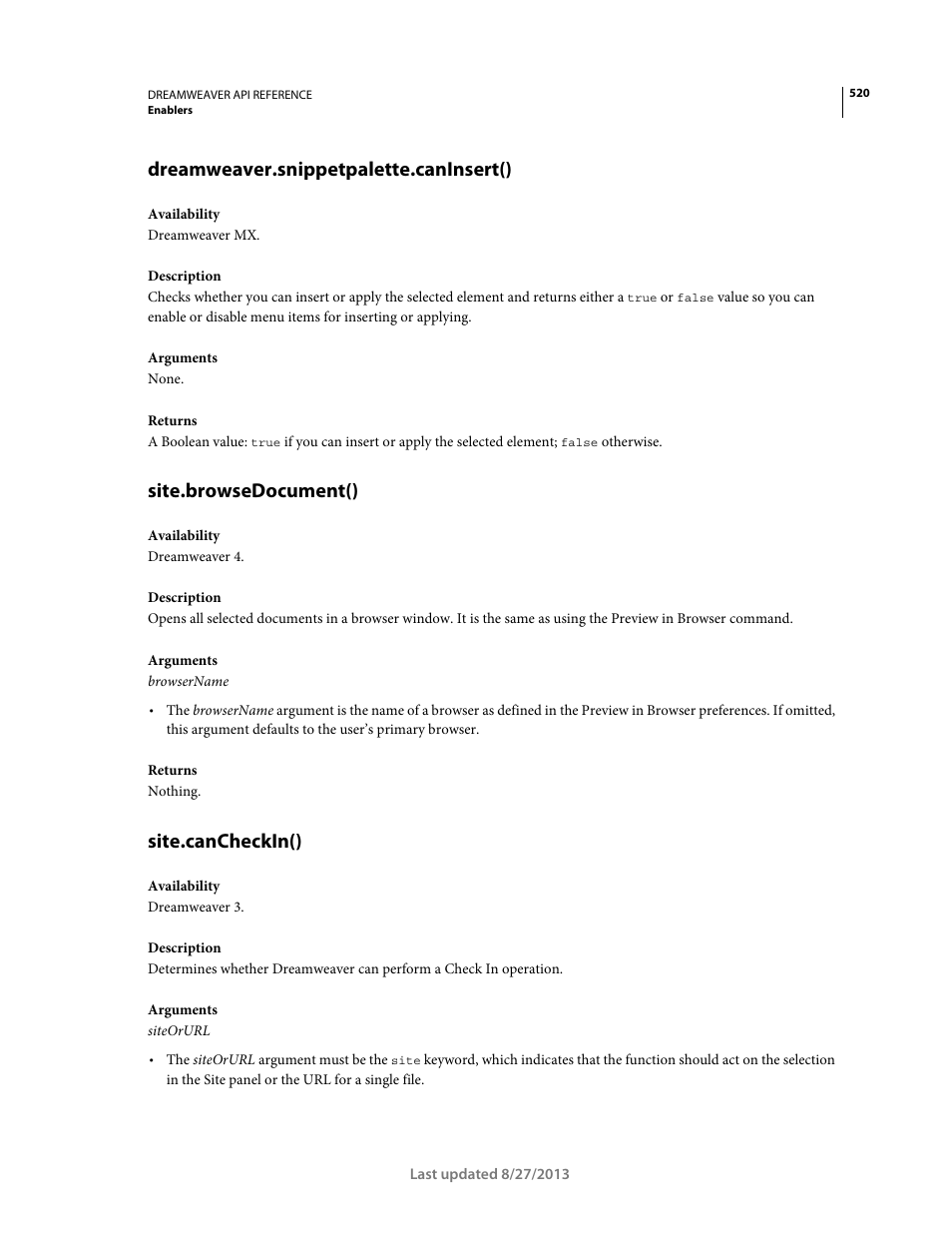 Dreamweaver.snippetpalette.caninsert(), Site.browsedocument(), Site.cancheckin() | Adobe Dreamweaver API Reference CS5 User Manual | Page 525 / 533