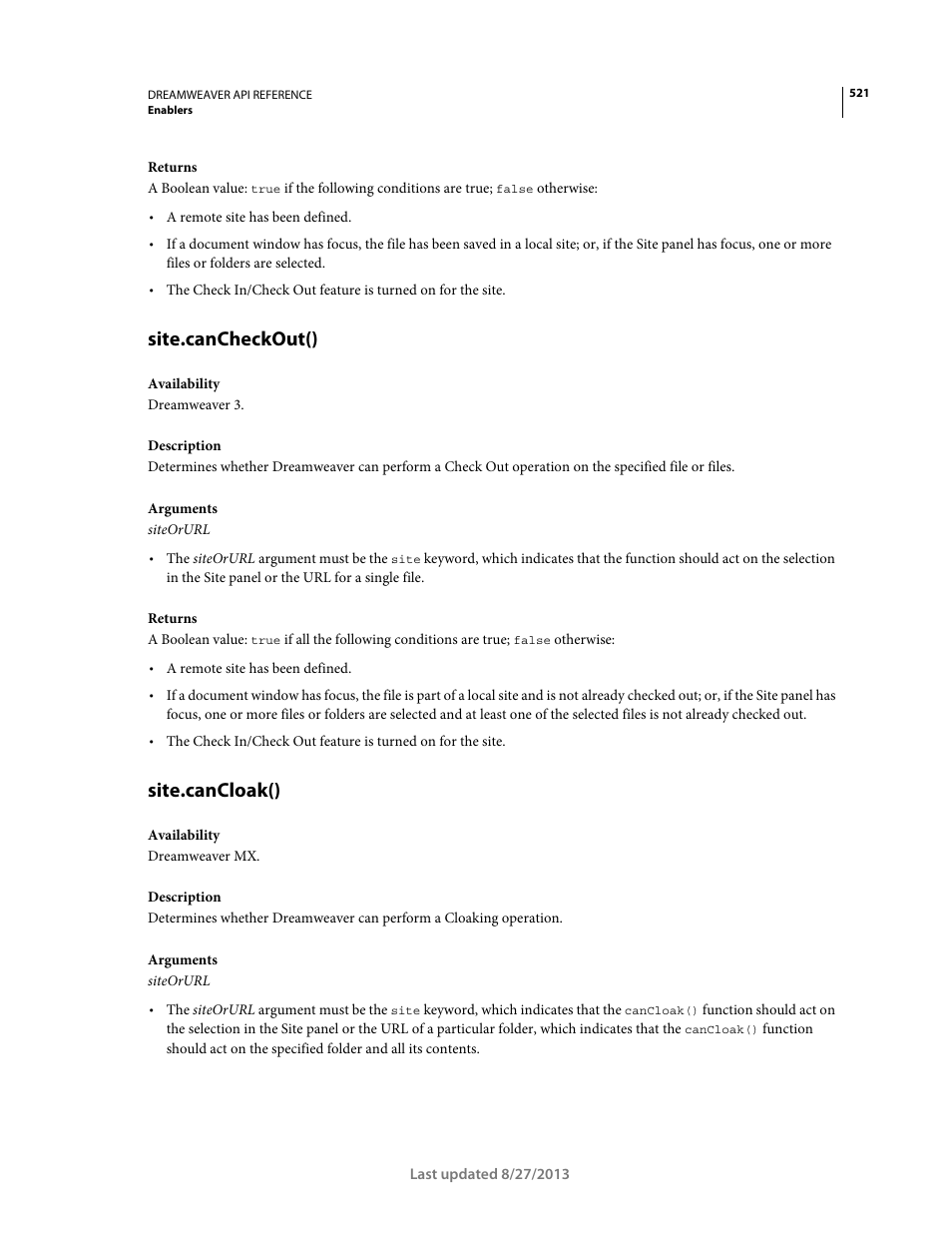 Site.cancheckout(), Site.cancloak() | Adobe Dreamweaver API Reference CS5 User Manual | Page 526 / 533