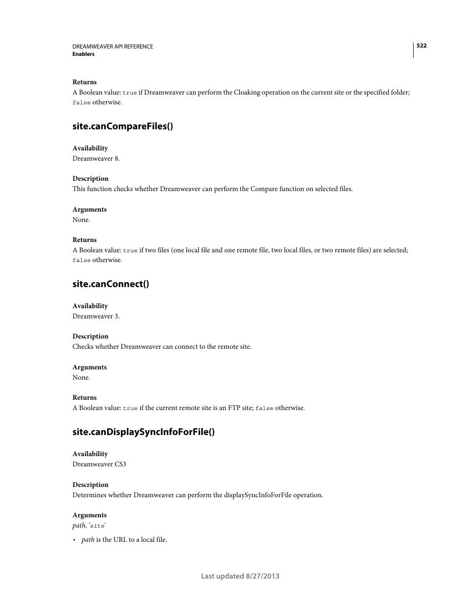 Site.cancomparefiles(), Site.canconnect(), Site.candisplaysyncinfoforfile() | Adobe Dreamweaver API Reference CS5 User Manual | Page 527 / 533