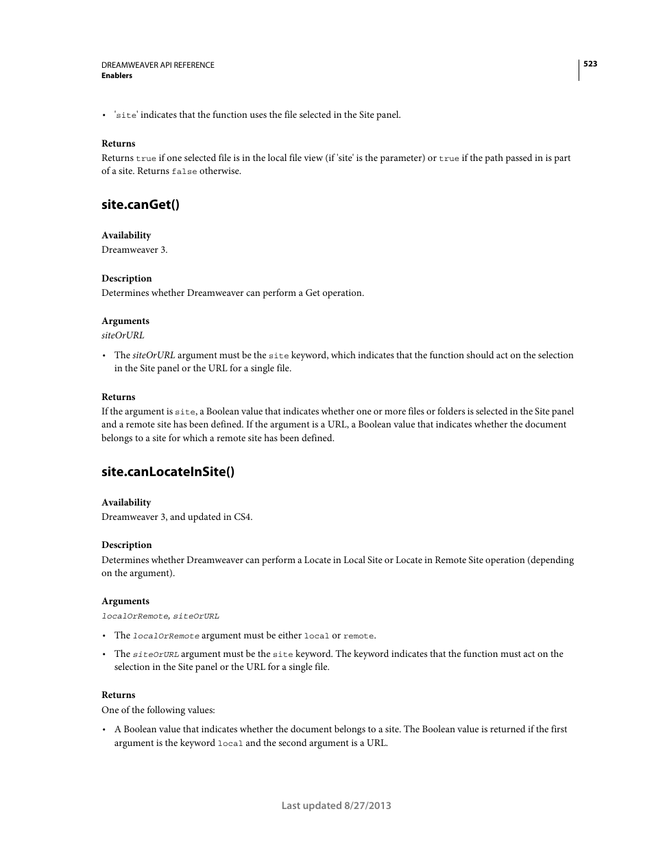 Site.canget(), Site.canlocateinsite() | Adobe Dreamweaver API Reference CS5 User Manual | Page 528 / 533