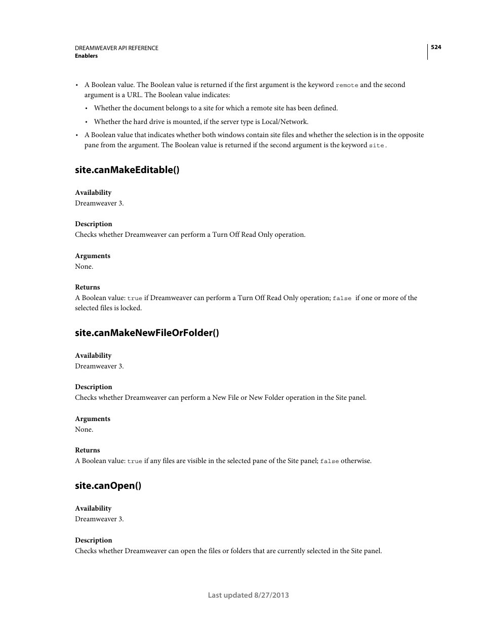 Site.canmakeeditable(), Site.canmakenewfileorfolder(), Site.canopen() | Adobe Dreamweaver API Reference CS5 User Manual | Page 529 / 533