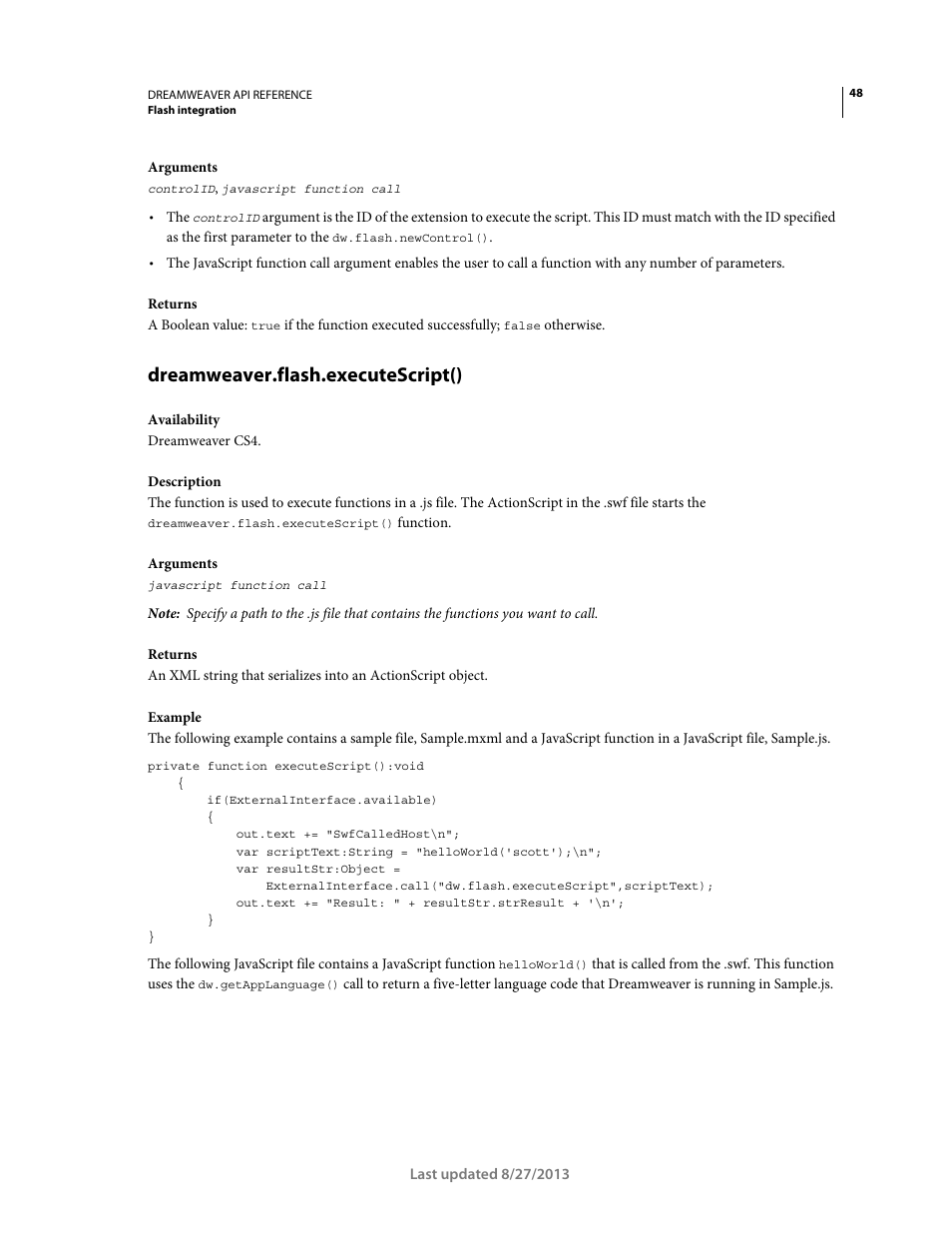 Dreamweaver.flash.executescript() | Adobe Dreamweaver API Reference CS5 User Manual | Page 53 / 533