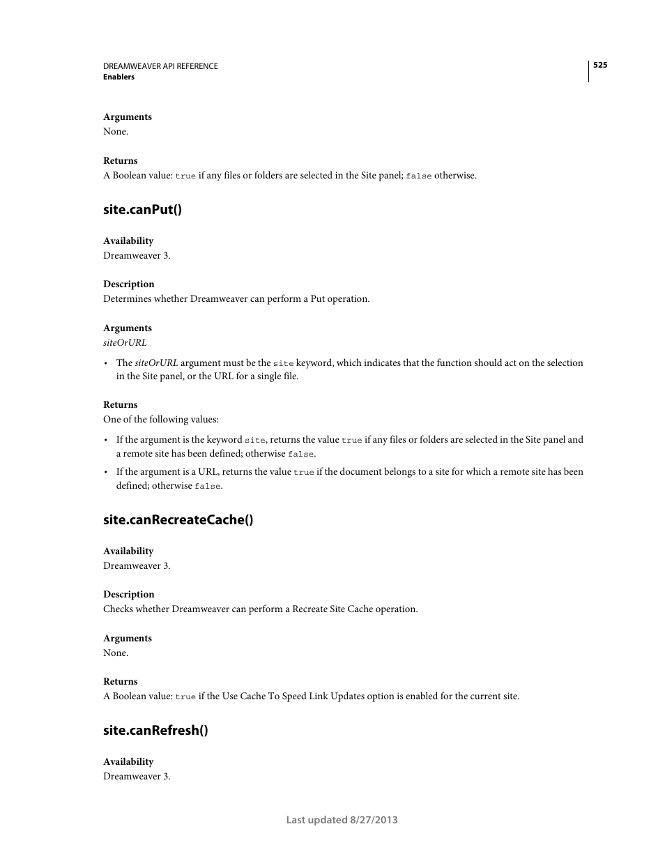 Site.canput(), Site.canrecreatecache(), Site.canrefresh() | Adobe Dreamweaver API Reference CS5 User Manual | Page 530 / 533