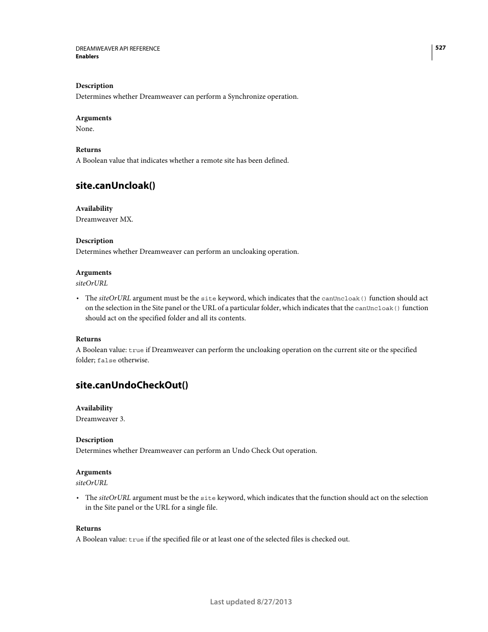 Site.canuncloak(), Site.canundocheckout() | Adobe Dreamweaver API Reference CS5 User Manual | Page 532 / 533
