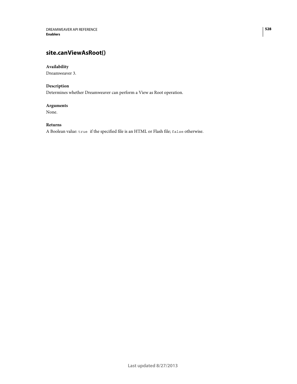 Site.canviewasroot() | Adobe Dreamweaver API Reference CS5 User Manual | Page 533 / 533