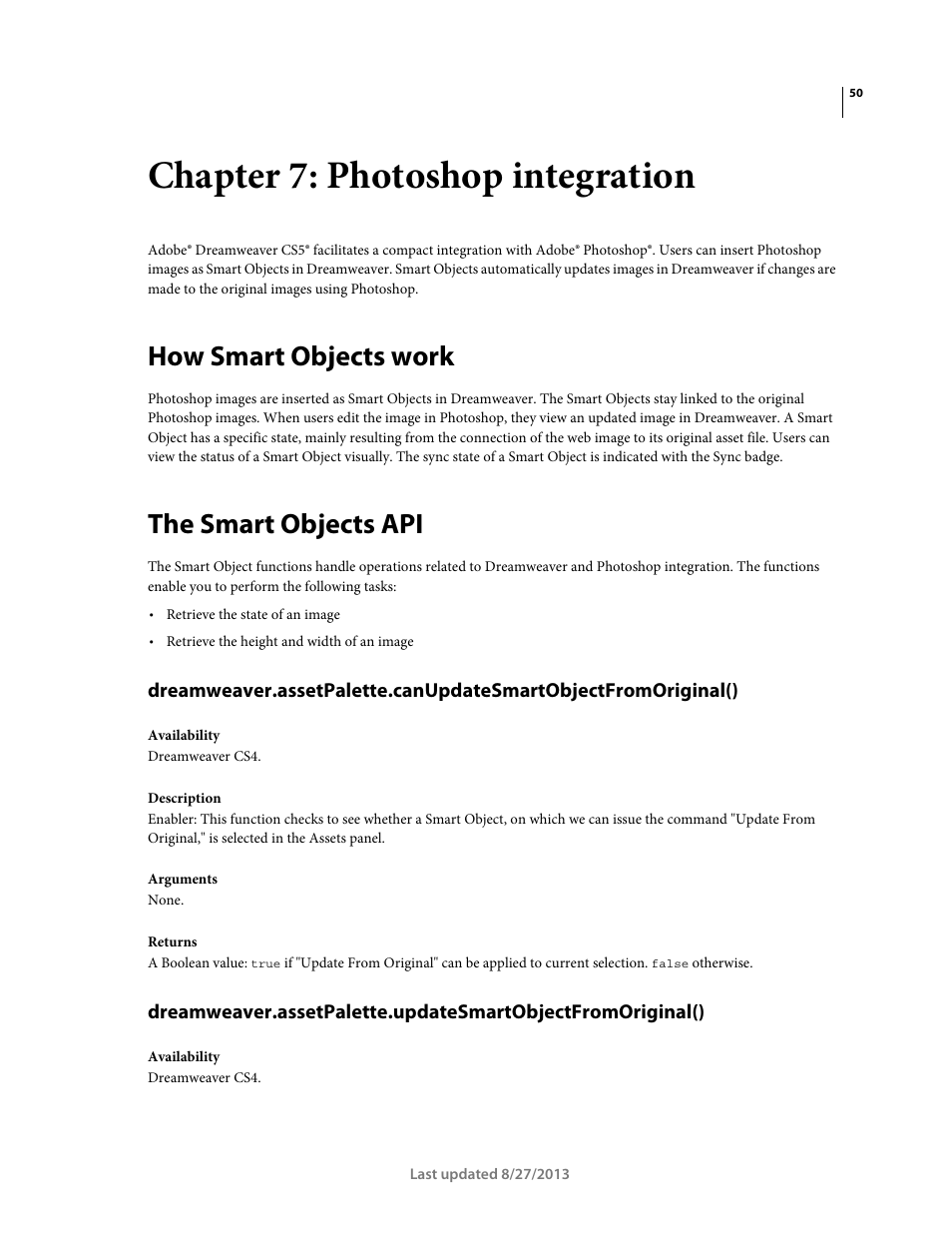 Chapter 7: photoshop integration, How smart objects work, The smart objects api | Adobe Dreamweaver API Reference CS5 User Manual | Page 55 / 533