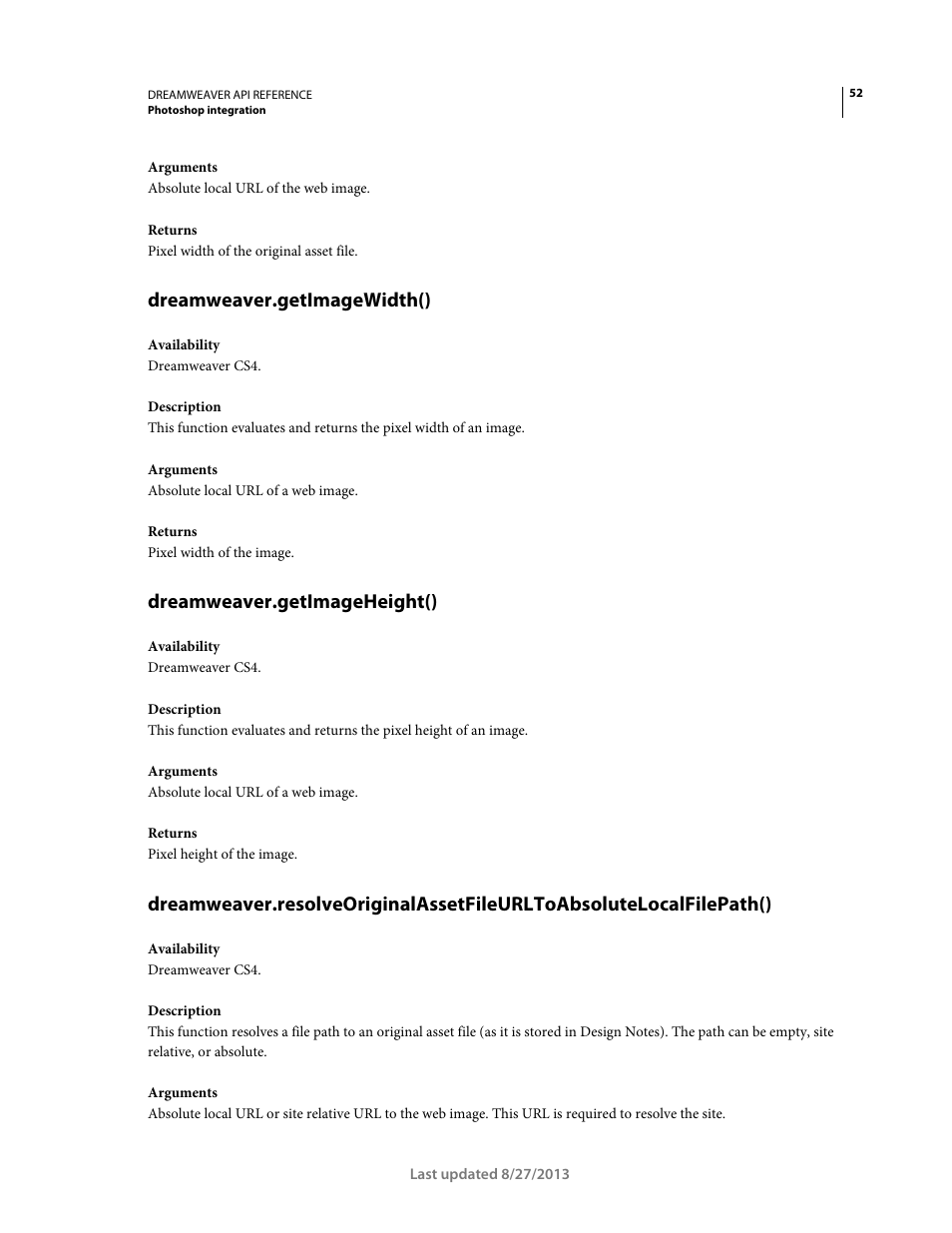 Dreamweaver.getimagewidth(), Dreamweaver.getimageheight() | Adobe Dreamweaver API Reference CS5 User Manual | Page 57 / 533