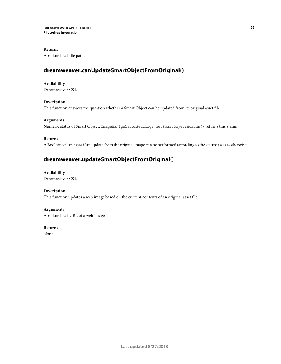 Dreamweaver.canupdatesmartobjectfromoriginal(), Dreamweaver.updatesmartobjectfromoriginal() | Adobe Dreamweaver API Reference CS5 User Manual | Page 58 / 533