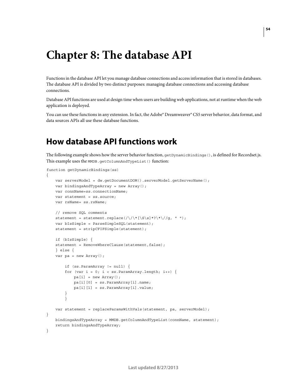 Chapter 8: the database api, How database api functions work | Adobe Dreamweaver API Reference CS5 User Manual | Page 59 / 533