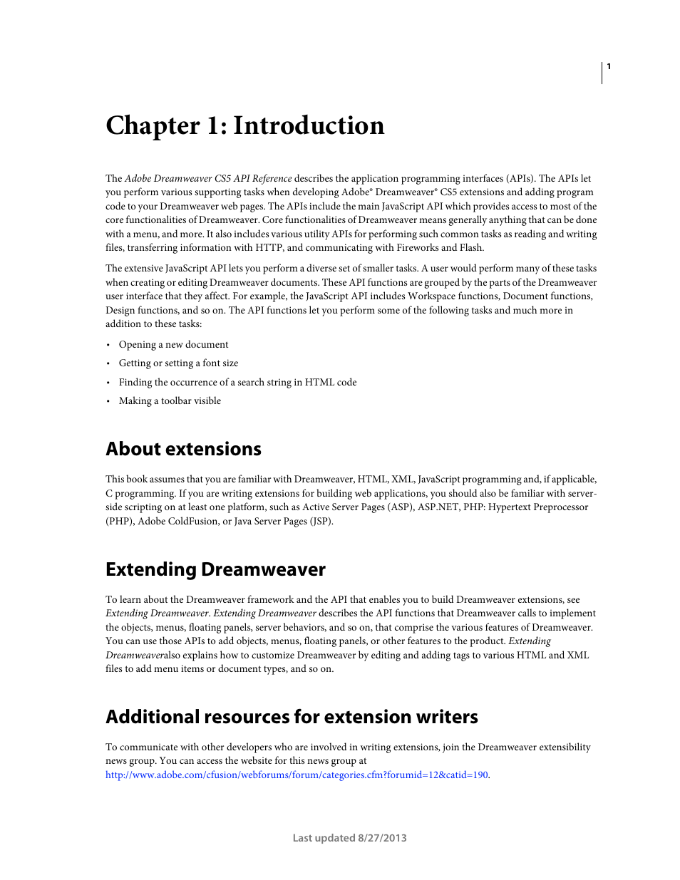 Chapter 1: introduction, About extensions, Extending dreamweaver | Additional resources for extension writers | Adobe Dreamweaver API Reference CS5 User Manual | Page 6 / 533
