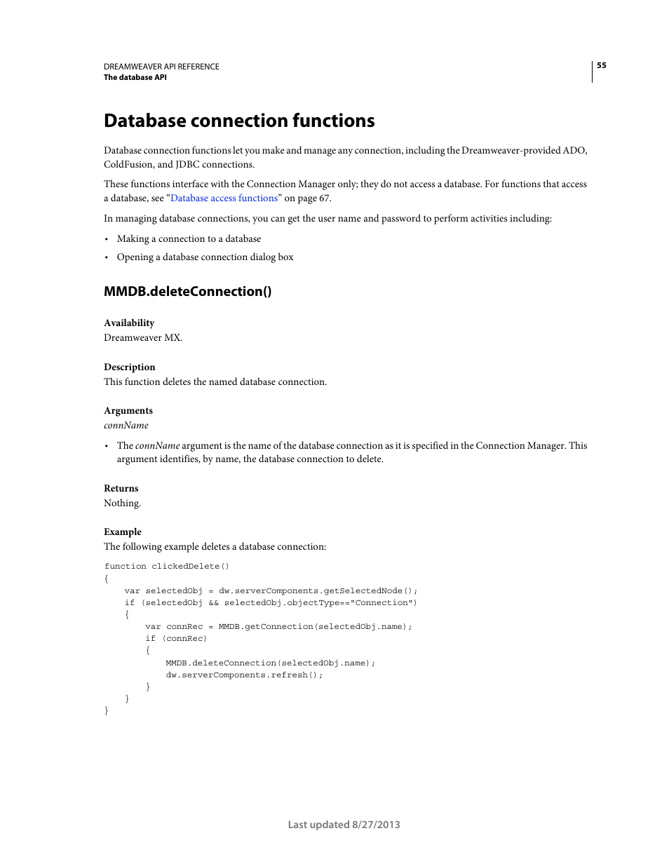 Database connection functions, Mmdb.deleteconnection() | Adobe Dreamweaver API Reference CS5 User Manual | Page 60 / 533