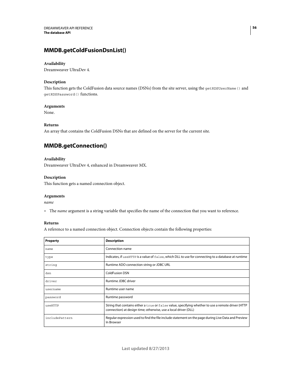 Mmdb.getcoldfusiondsnlist(), Mmdb.getconnection() | Adobe Dreamweaver API Reference CS5 User Manual | Page 61 / 533